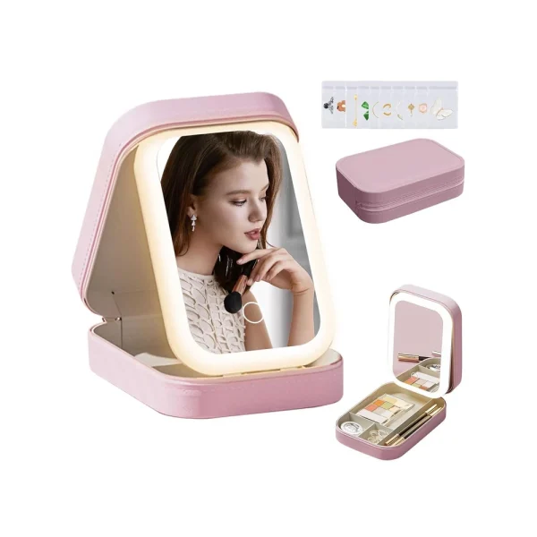 Led Makeup Box With Adjustable Light Mirror Portable Cosmetic Organizer